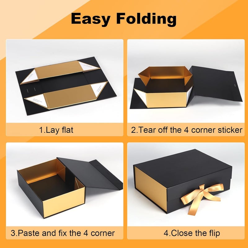 Ditwis 4 Pack 12x9x4 Inches Gift Boxes with Magnetic Closure Lids, Black-Gold Magnetic Box with Ribbon for Wedding, Groomsmen Bridesmaid Proposal, Birthdays, Mother's Day - Image 4